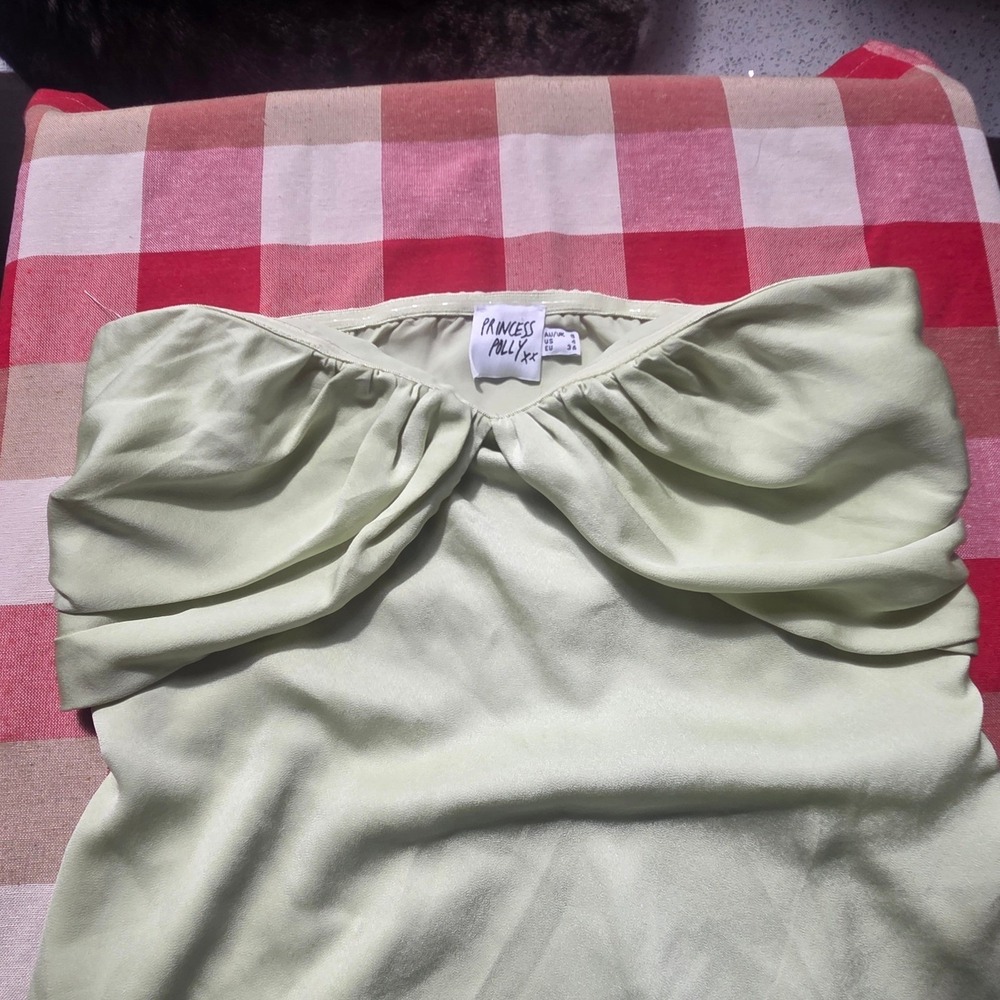 Princess Polly Irena Sage Green Strapless Mini Dress Draped Bust Satin Size US 4 - Picture 5 of 10